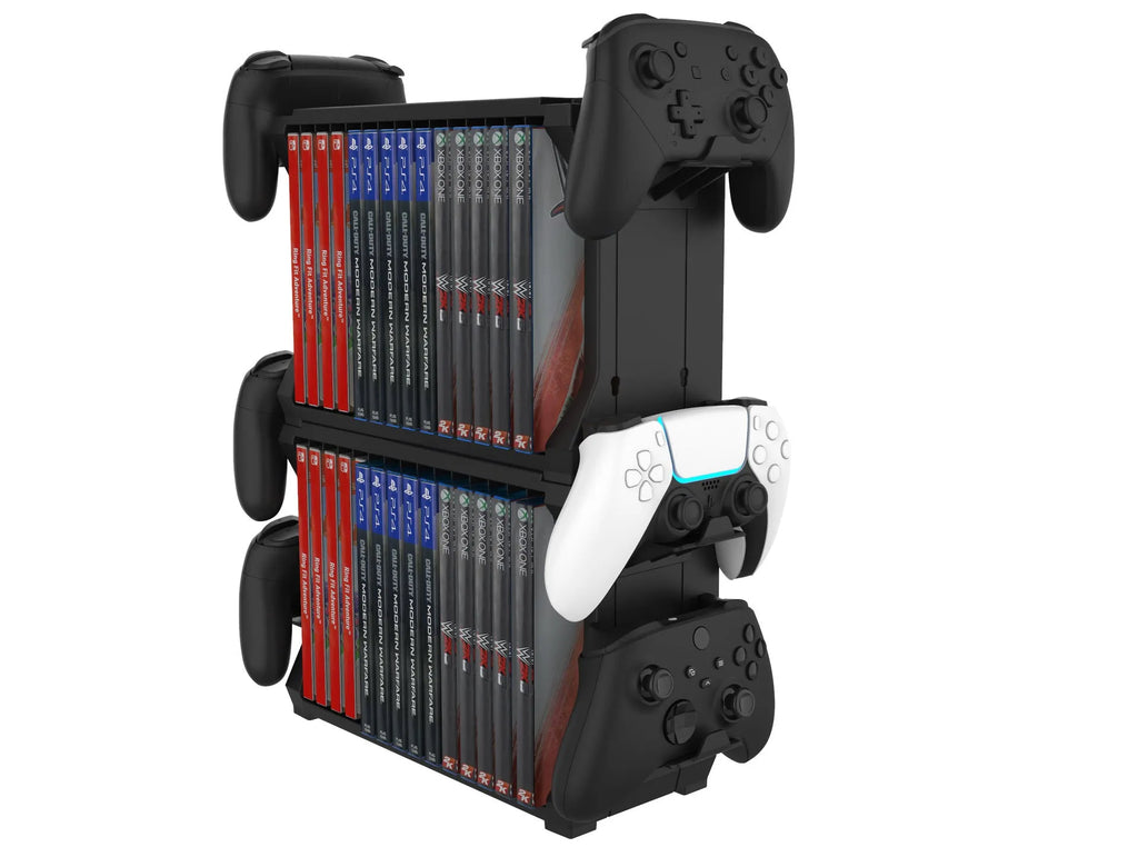 Black ABS plastic disc holder for PS5 and Xbox Series X games with storage for four controllers