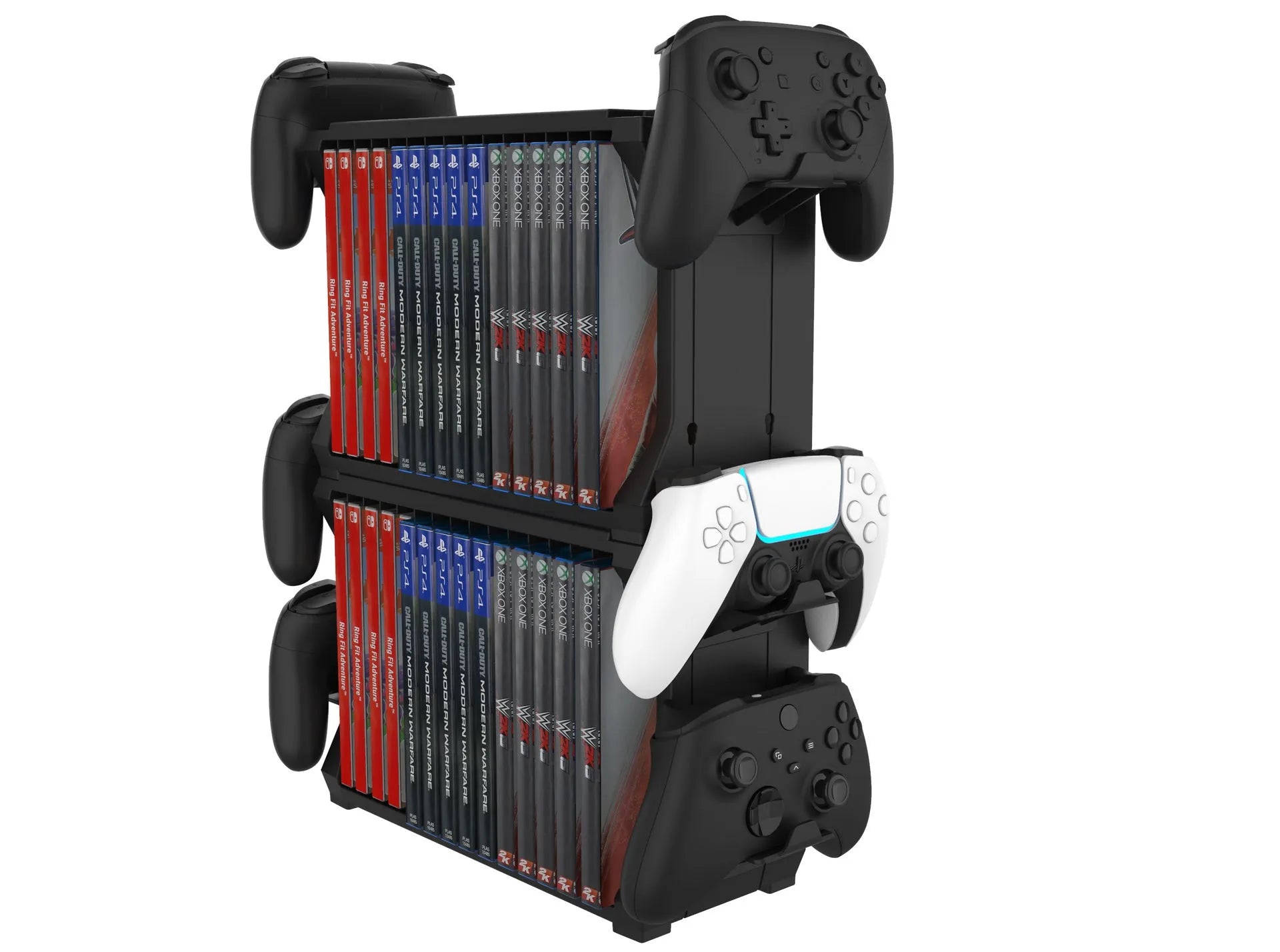 Black ABS plastic disc holder for PS5 and Xbox Series X games with storage for four controllers