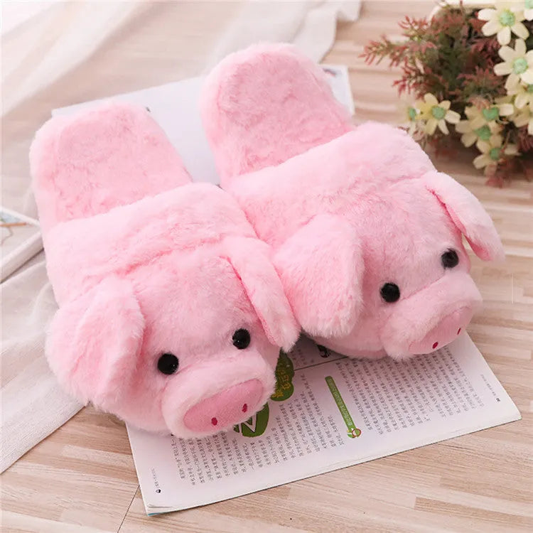 Pink women's pig floor slippers with PP cotton filling and short plush fabric