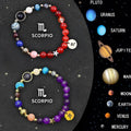 Set of twelve natural stone beaded bracelets arranged in a circle, each representing a different zodiac sign.