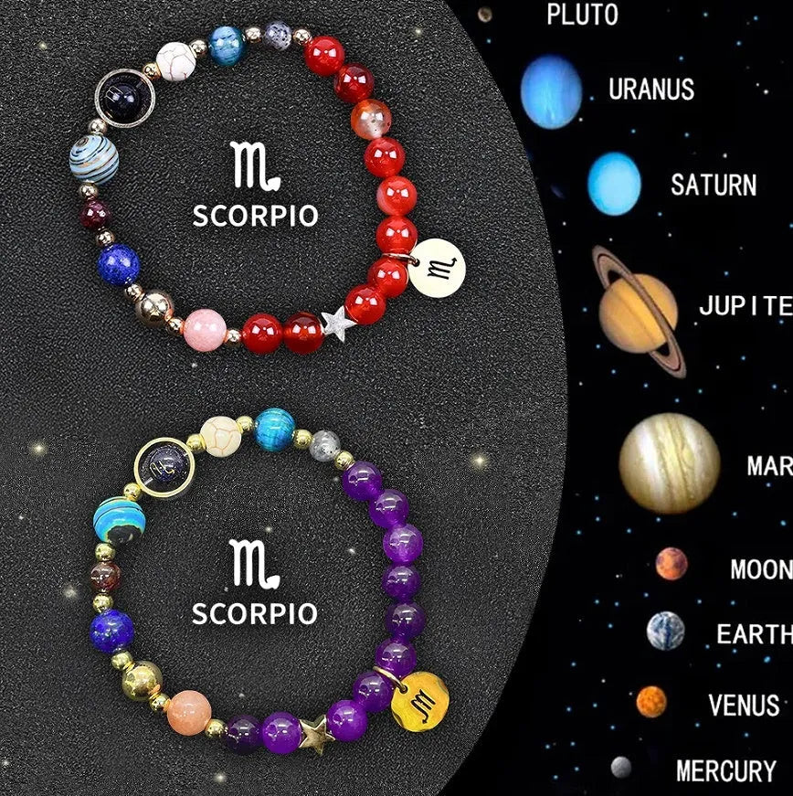Set of twelve natural stone beaded bracelets arranged in a circle, each representing a different zodiac sign.