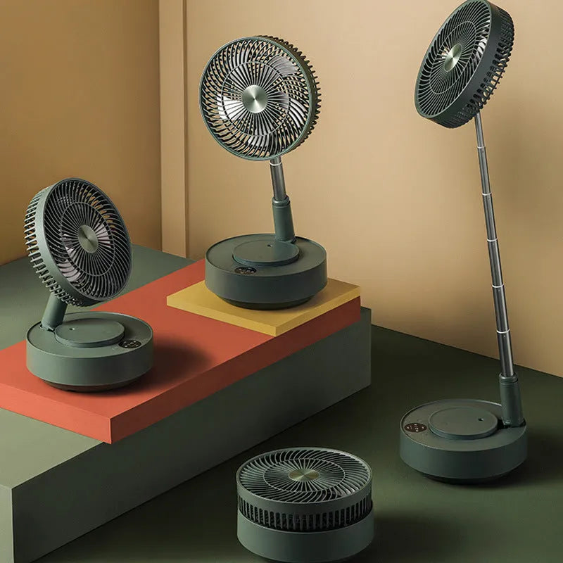 Green telescopic rechargeable floor fan extended to full height with remote control