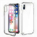 Transparent TPU shockproof phone case for various iPhone models on a table.