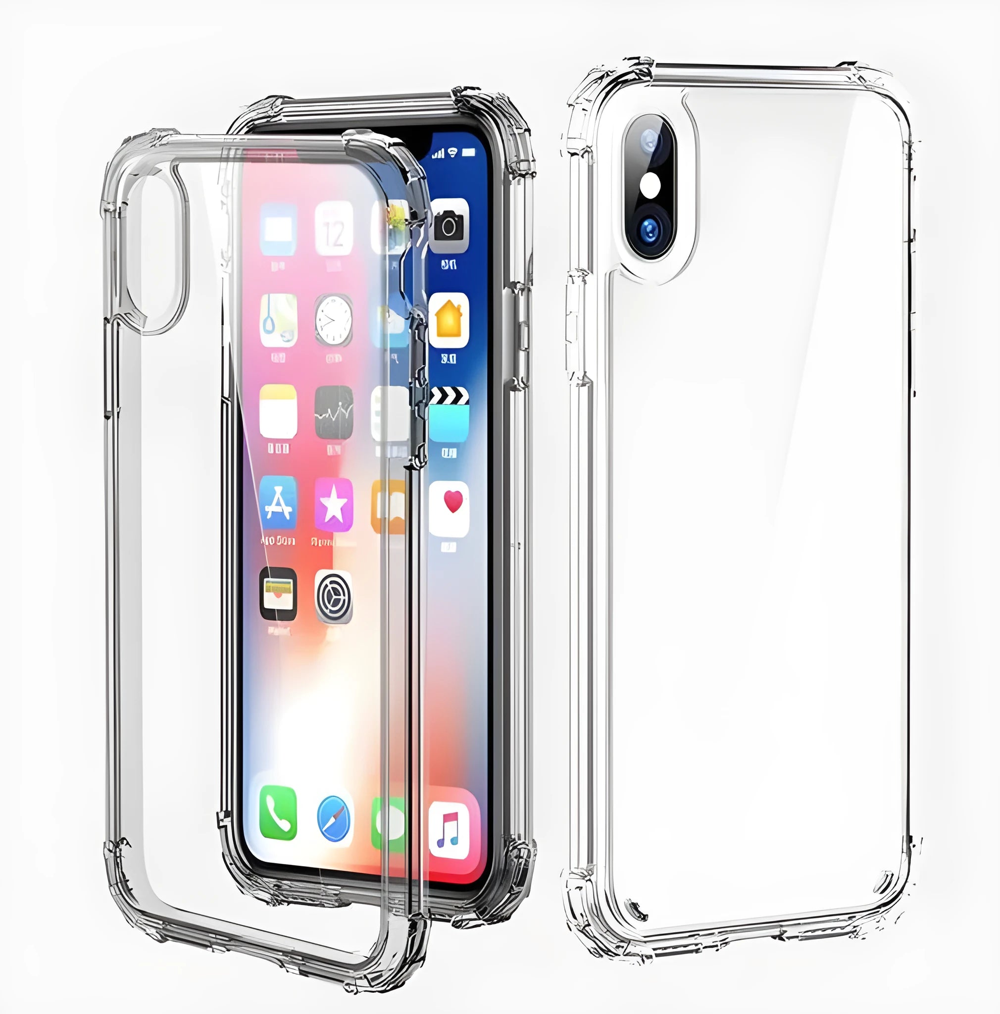 Transparent TPU shockproof phone case for various iPhone models on a table.
