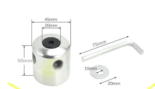 Silver aluminium lawn mower grass trimmer head with four light yellow nylon strings, wrench, and gasket.