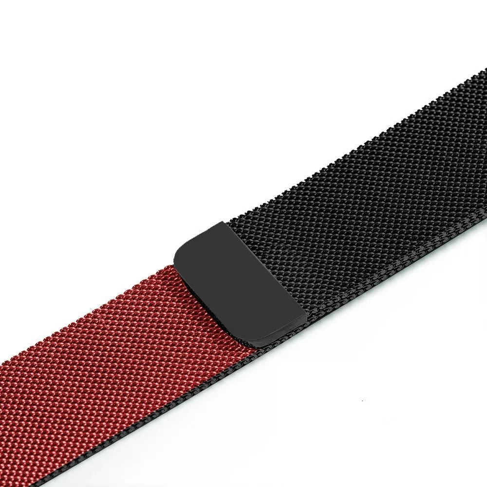Stainless steel Apple Watch replacement strap in silver, showing metal links and clasp for 38mm-44mm models.