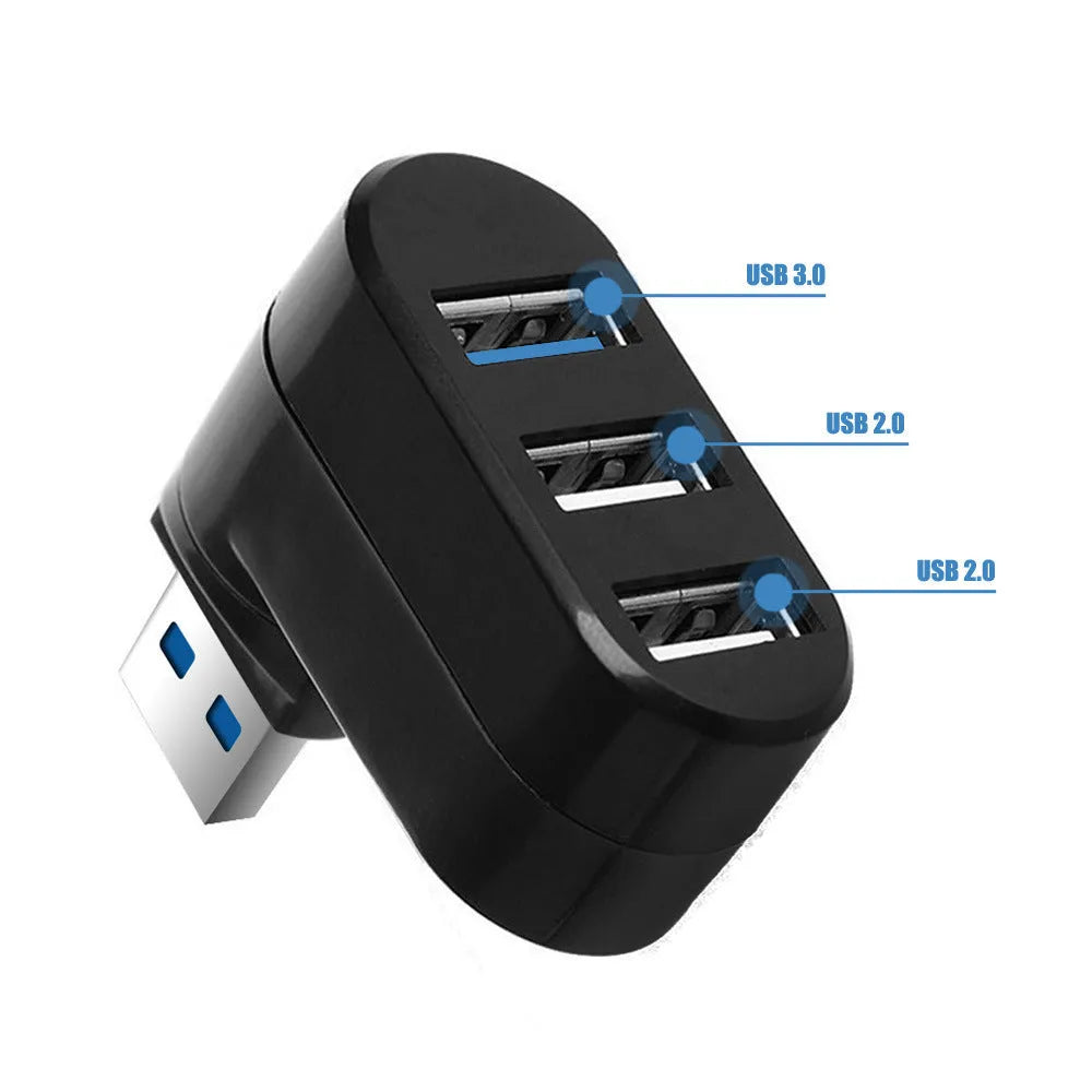 Black or white USB rotary splitter hub with four USB 3.0 ports on a swivelling base