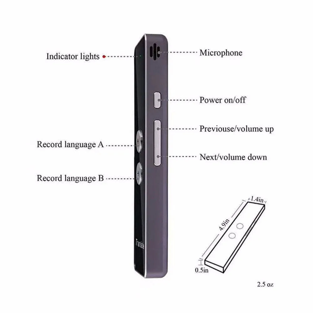 Black wireless voice translator with Bluetooth on white background next to smart phone