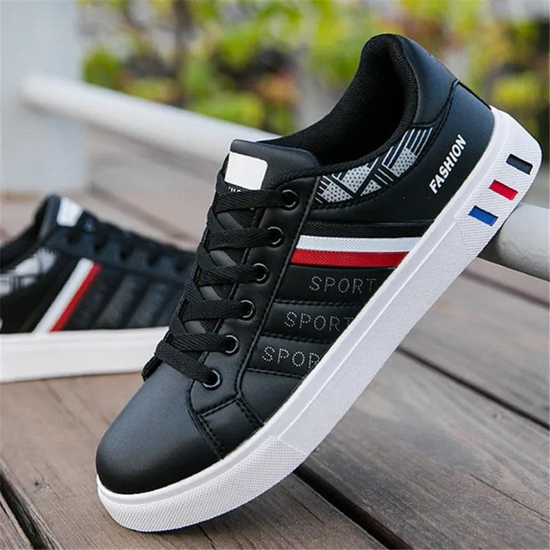 Men's sports shoes in black, grey, or white on a size chart showing UK sizes 39 to 44.