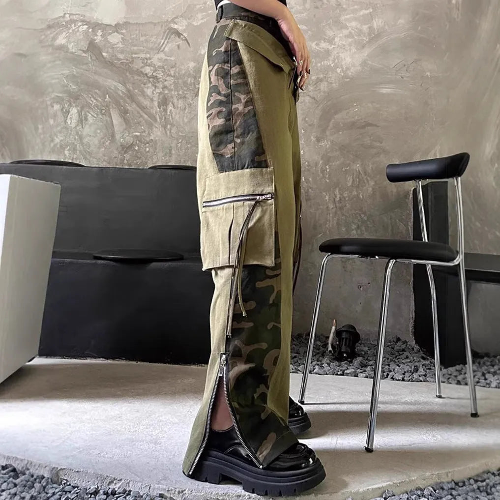 Women's dark khaki leopard print high waist jeans with straight leg cut and tooling style details