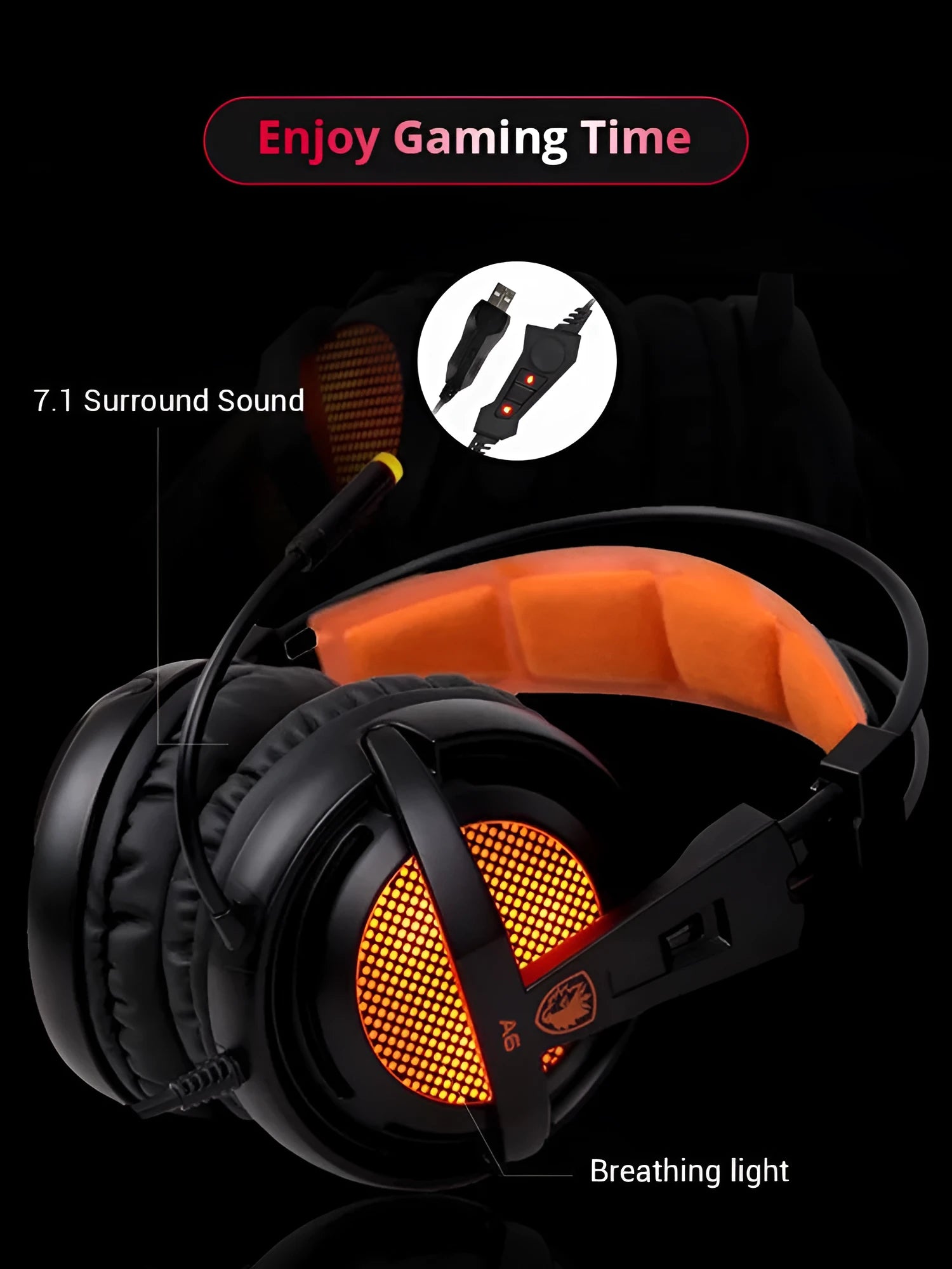 Black and white USB gaming headset with LED lights on ear cups and a padded headband