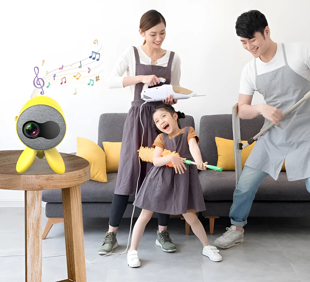 YG220 portable LED projector in white or yellow colour on a table projecting a movie scene.