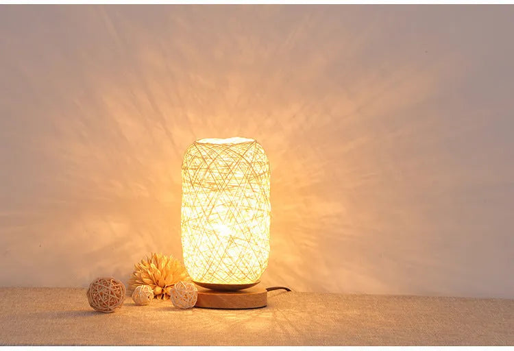 Sepak Takraw hemp rope desk lamp with solid wood base and USB-powered LED light