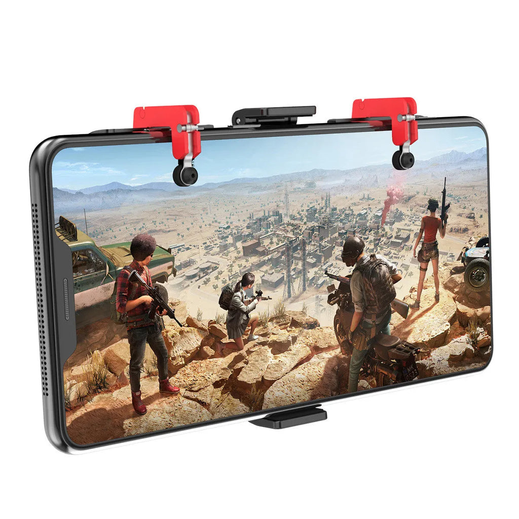 Black PG-9137 mobile game trigger with metal button and telescopic clip attached to a smartphone