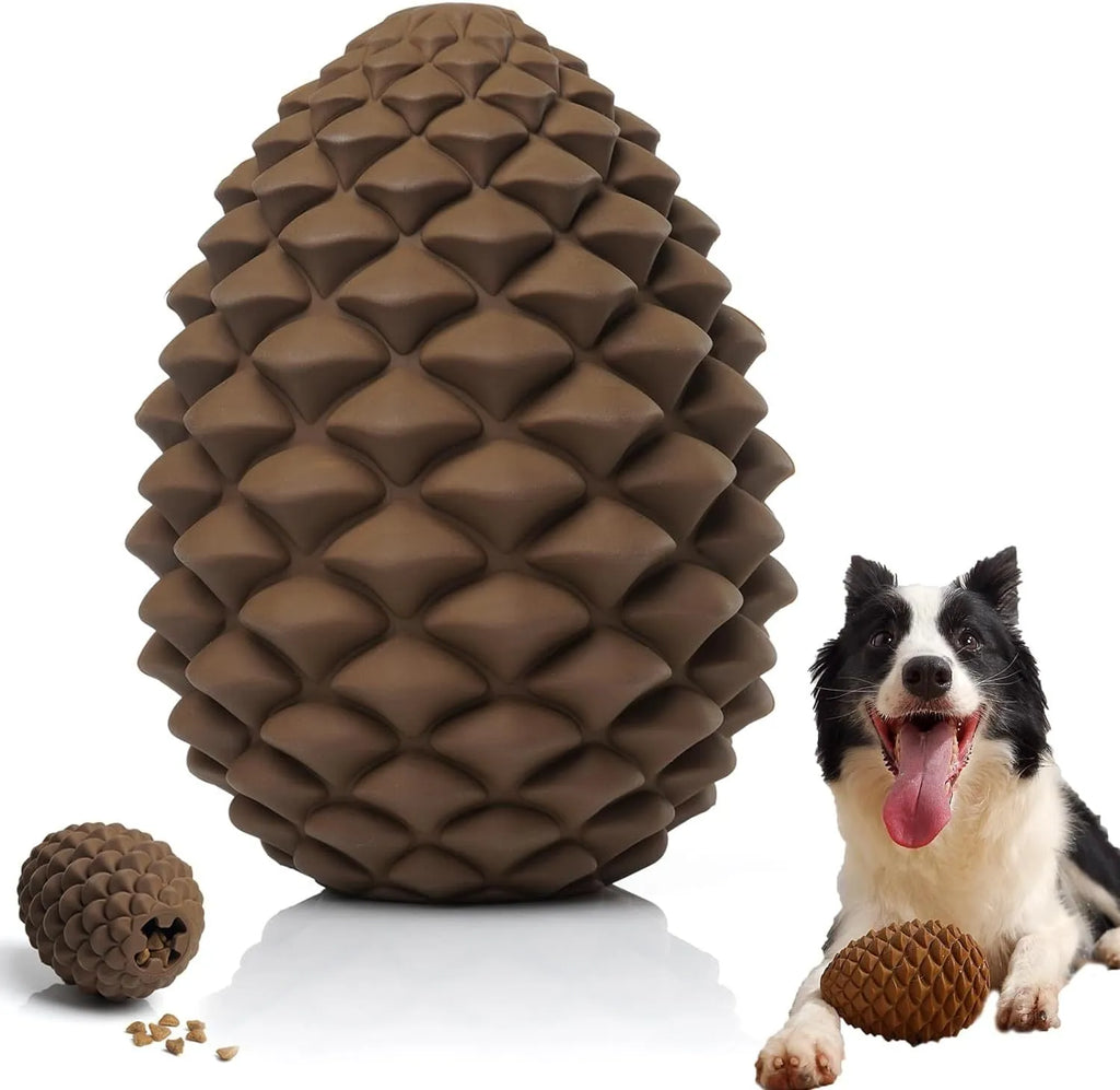 Yellow pine cone shaped natural rubber dog chew toy with treat dispenser hole, for medium and large breed dogs.
