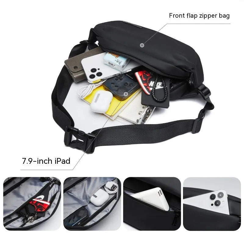 Black Oxford cloth men's messenger bag with one-shoulder riding design and sewing thread detailing