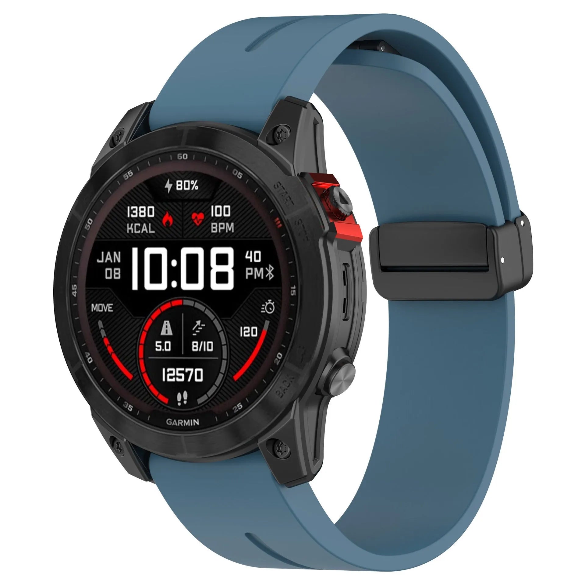 Silicone watch strap with magnetic folding buckle in black with black buttons for Garmin Fenix