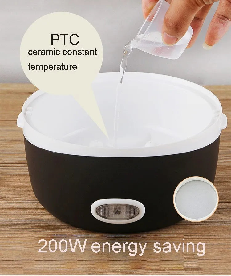Black portable electric lunch box with USB cable, showing two-layer and three-layer capacity options.