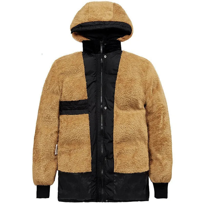 Men's black hooded double-breasted velvet padded jacket for winter sports