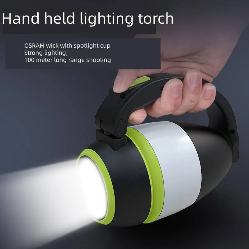 Black Green multifunctional LED camping lamp with USB port, shown in folded position.