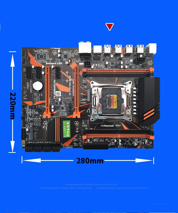 X99 computer motherboard with LGA2011-3 CPU socket and four DDR4 memory slots