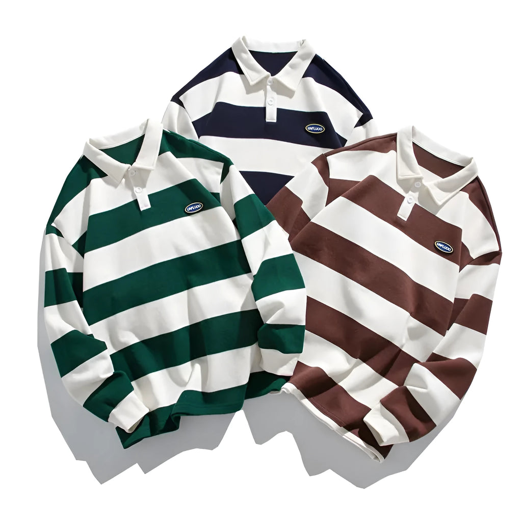 Hong Kong style pearl cotton polo shirt with lapel collar in loose fit, available in coffee, blue or green.
