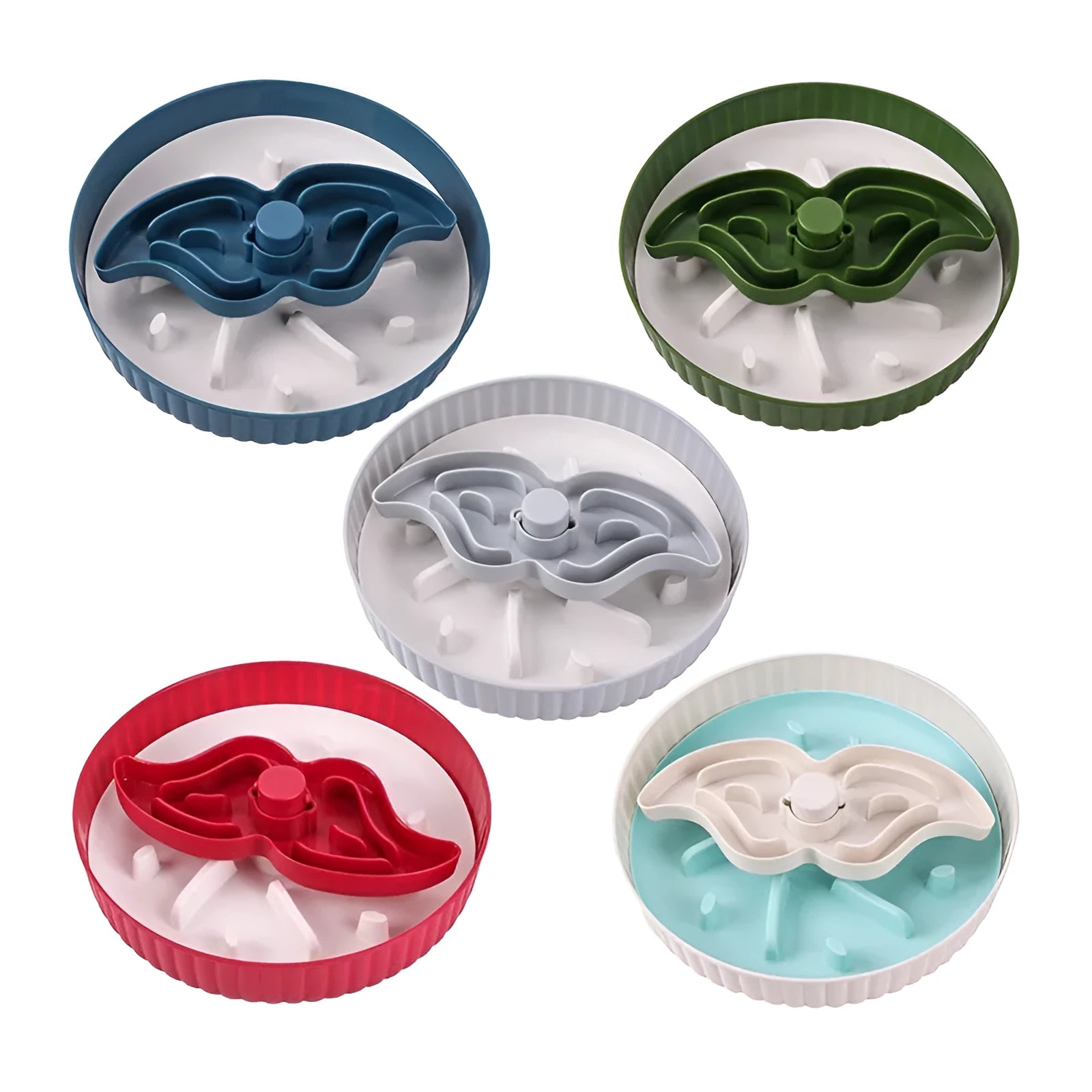 Interactive pet slow feeder bowl with a rotating design and a central, removable silicone licking mat.
