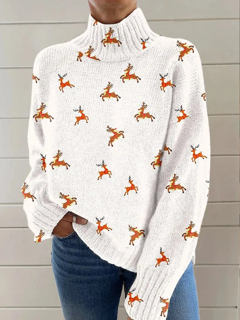 Women's Christmas printed turtleneck sweater in macaron colour with painting pattern design