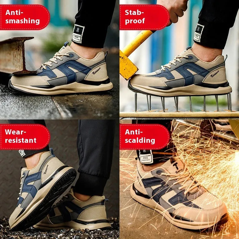 Summer breathable safety shoes for men cow leather upper anti smash anti stab low cut khaki colour construction industry