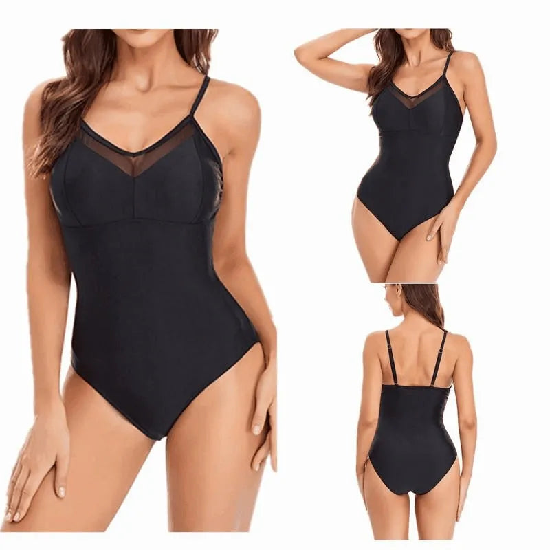 Ladies' solid colour backless one-piece swimsuit in black or blue, made from high-elasticity spandex.