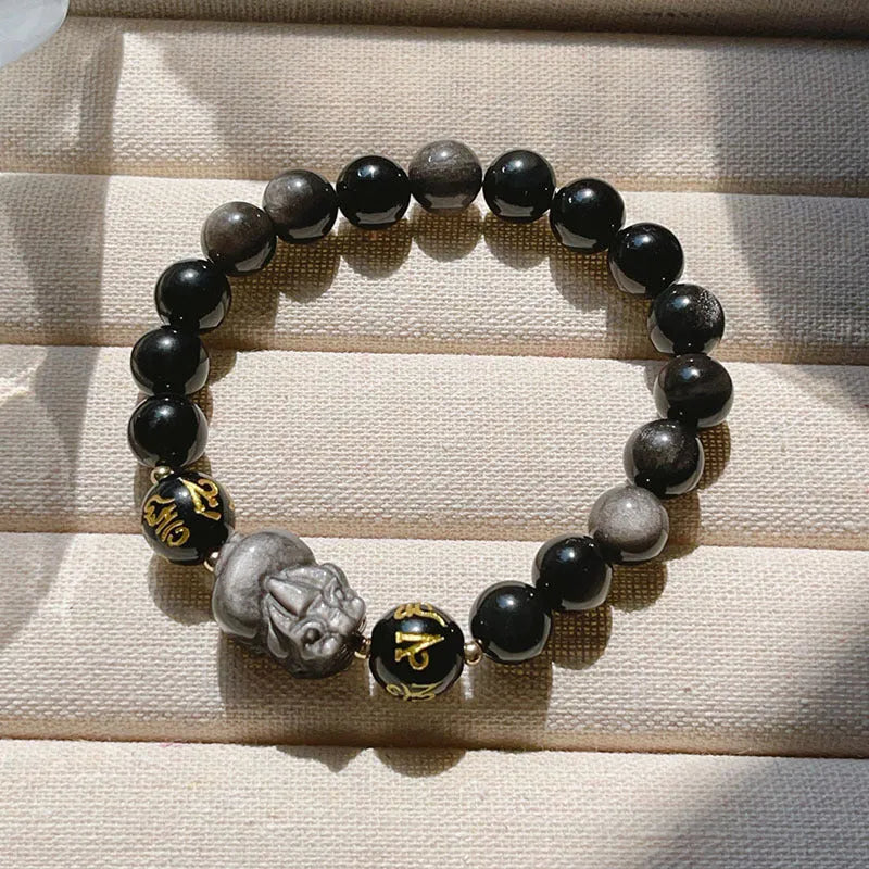 Men's silver bracelet with engraved zodiac symbols and Chinese proverbs on silver stone beads