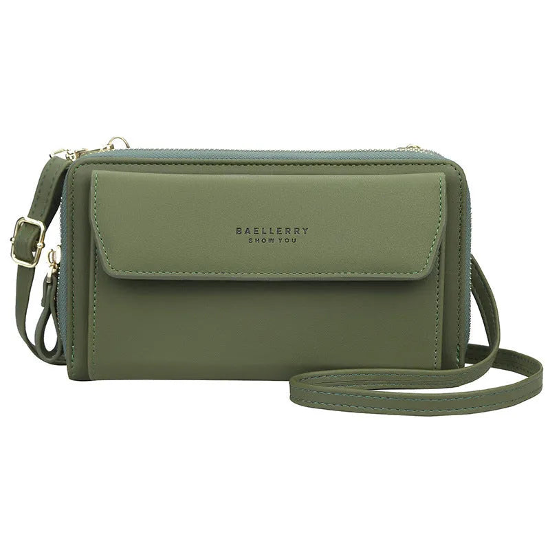 Ladies long wallet with double zippers in soft PU leather, shown in multiple colour options