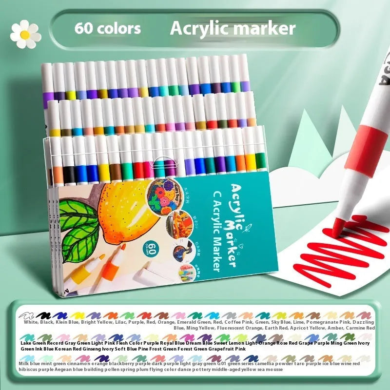 Box of acrylic marker pens for student colour painting showing multiple colour options