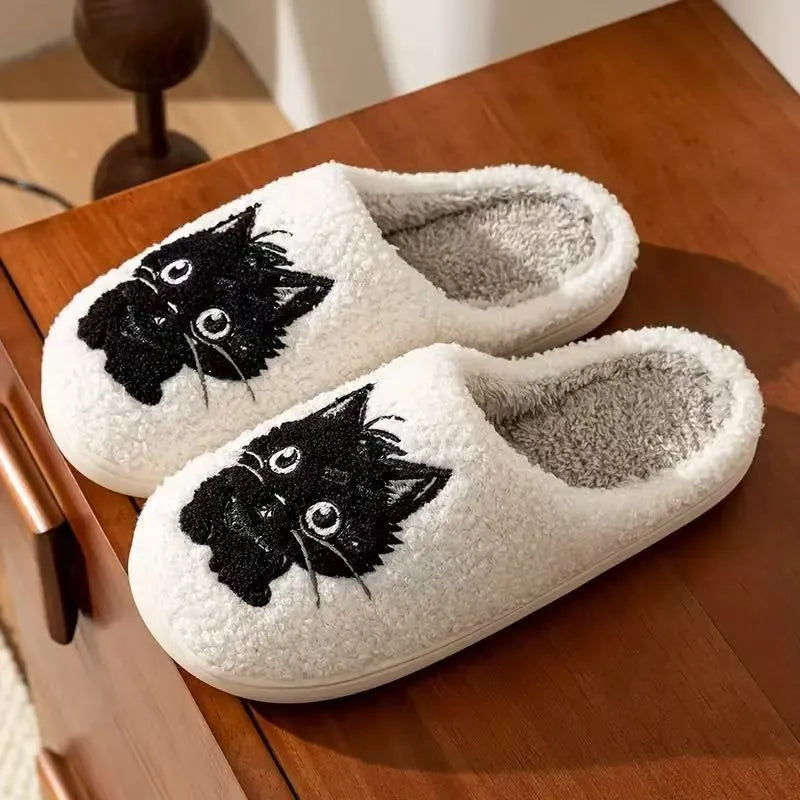White plush slippers with black beard cat couple cartoon design and non-slip soles