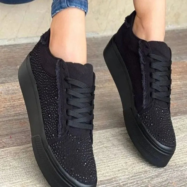 Plus size women's rhinestone lace-up casual shoes with thick rubber soles in black, blue, white, or red colours