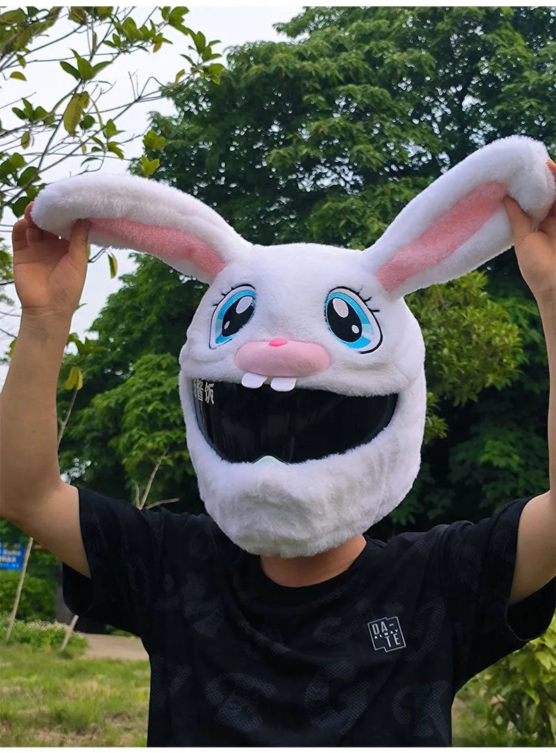 White decorative rabbit head plush cover for an electric motorcycle helmet.
