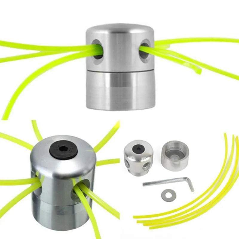 Silver aluminium lawn mower grass trimmer head with four light yellow nylon strings, wrench, and gasket.