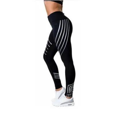 Women's black and white glowing print fitness leggings in milk silk fabric showing slim fit design