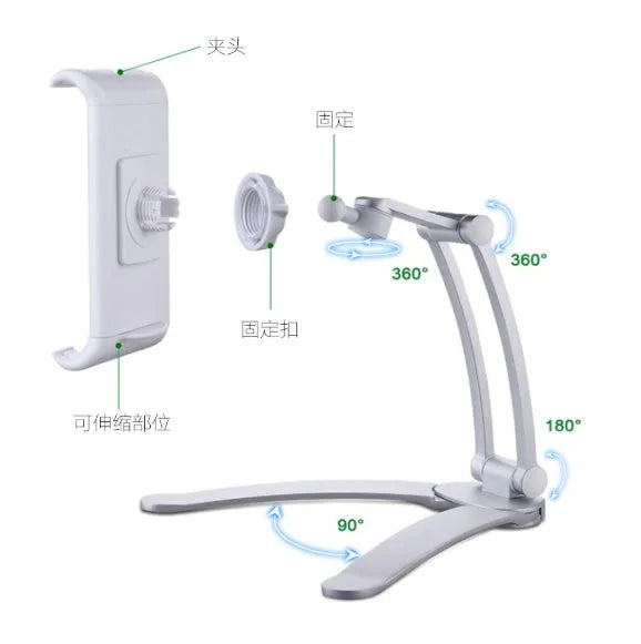 Silver aluminium alloy tablet stand holding a tablet, showing its 360-degree adjustable hinge and chuck system.