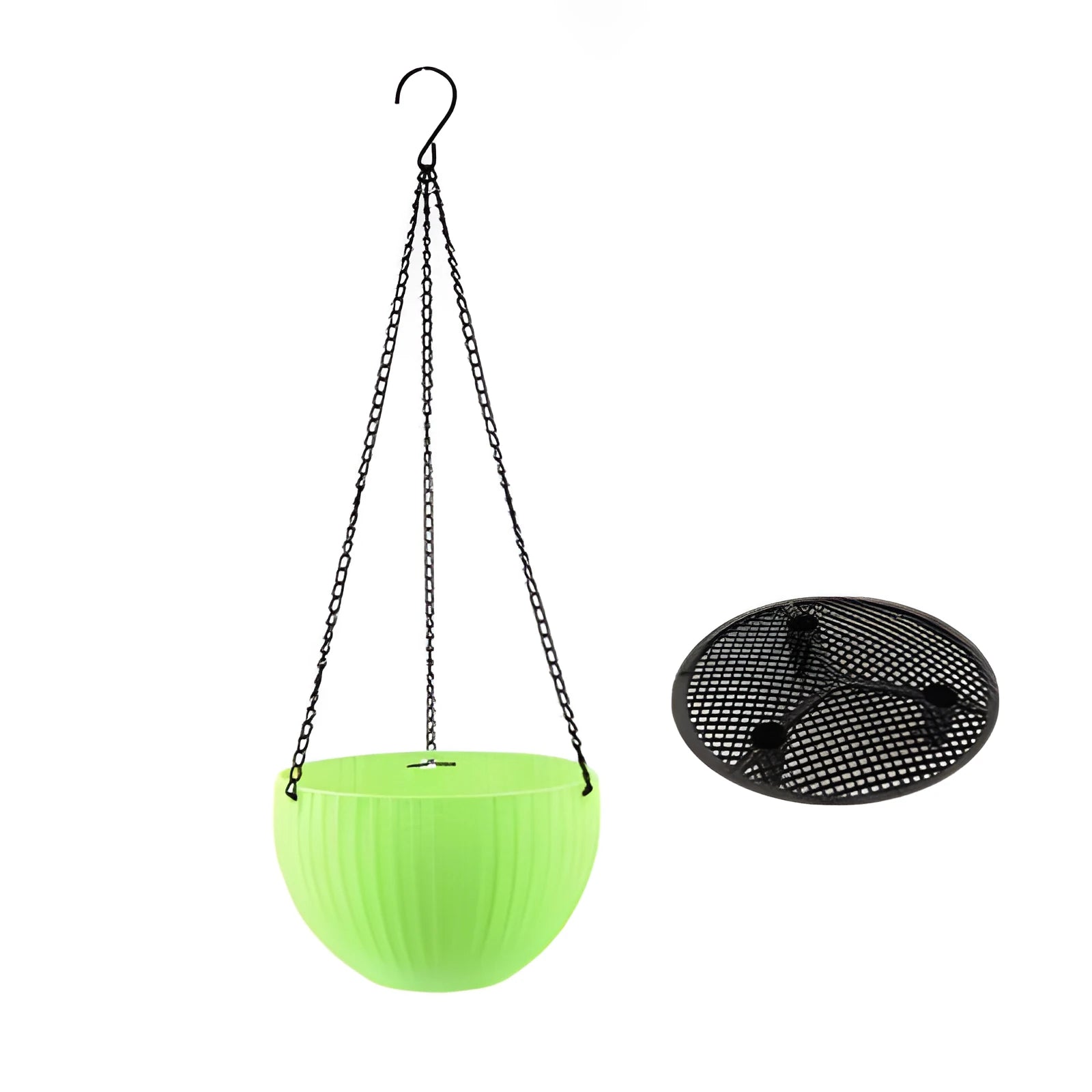 Plastic hanging basket with chain in one of seven colours, showing 210mm diameter and inner tank.