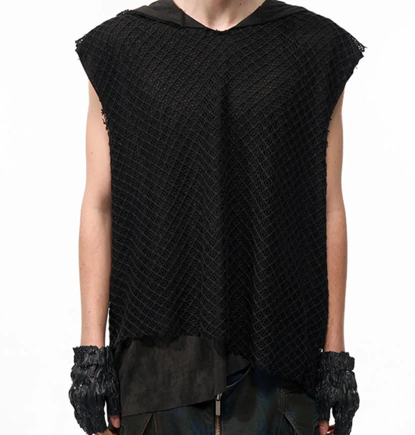 Niche Real Two Pieces checkered hollow pullover hooded vest in black side view