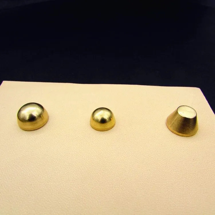 Brass decorative buckle foot nail accessories showing 10x6mm and 12x7mm sizes with round and bucket designs
