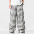 Summer plus size Chinese style cotton and linen plaid baggy pants in grey grid pattern