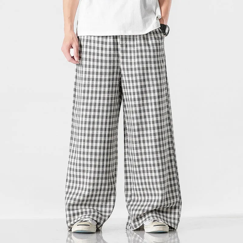 Summer plus size Chinese style cotton and linen plaid baggy pants in grey grid pattern
