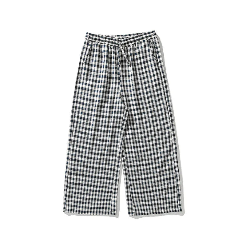 Summer plus size Chinese style cotton and linen plaid baggy pants in grey grid pattern