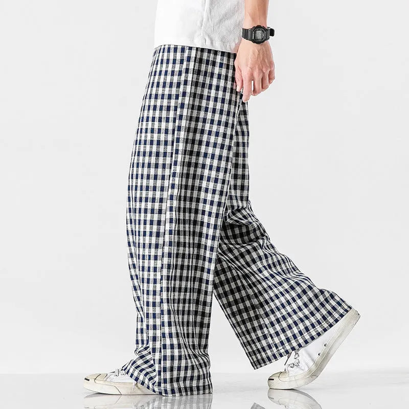 Summer plus size Chinese style cotton and linen plaid baggy pants in grey grid pattern