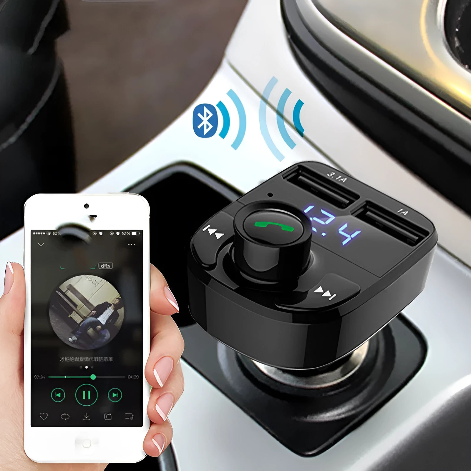 HY82 car MP3 Bluetooth FM transmitter with USB charging ports for cigarette lighter installation