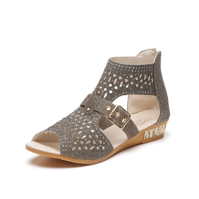 Women's beige rivet flat sandals with back zipper and fish mouth toe in patent Pu leather