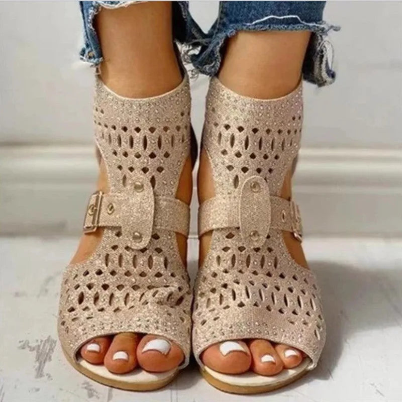 Women's beige rivet flat sandals with back zipper and fish mouth toe in patent Pu leather