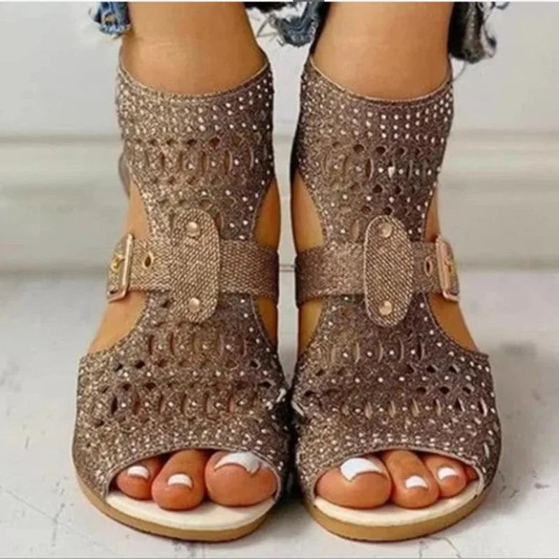 Women's beige rivet flat sandals with back zipper and fish mouth toe in patent Pu leather